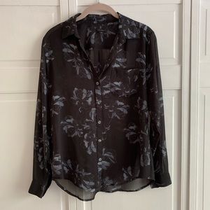 Ann Taylor Navy Floral Button Up Blouse